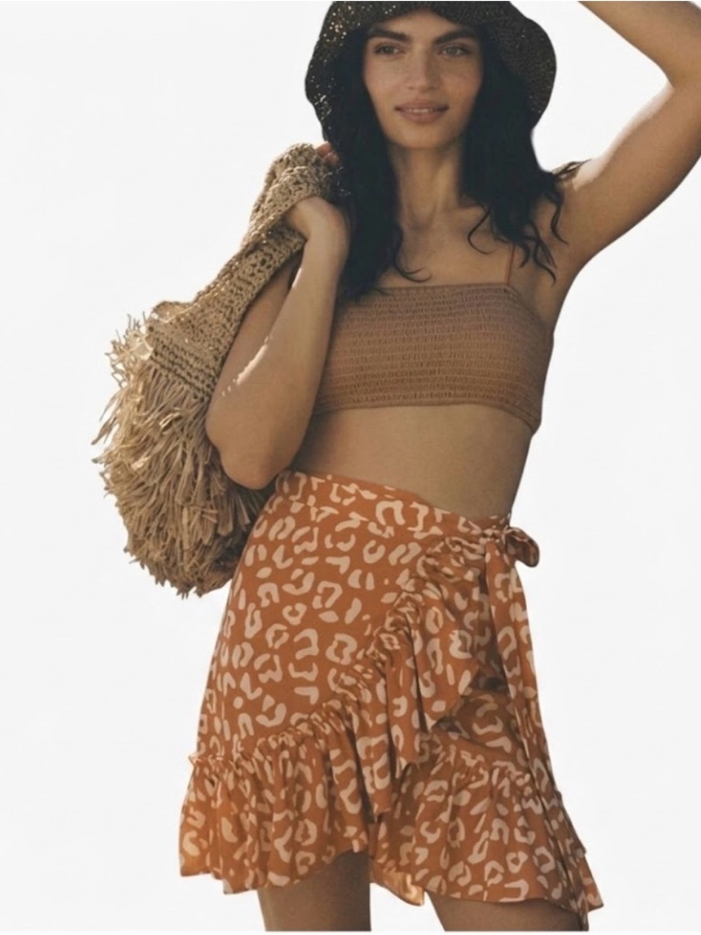 Hutch Orange Tan Cheetah Ruffle Wrap Mini Skirt M Petite